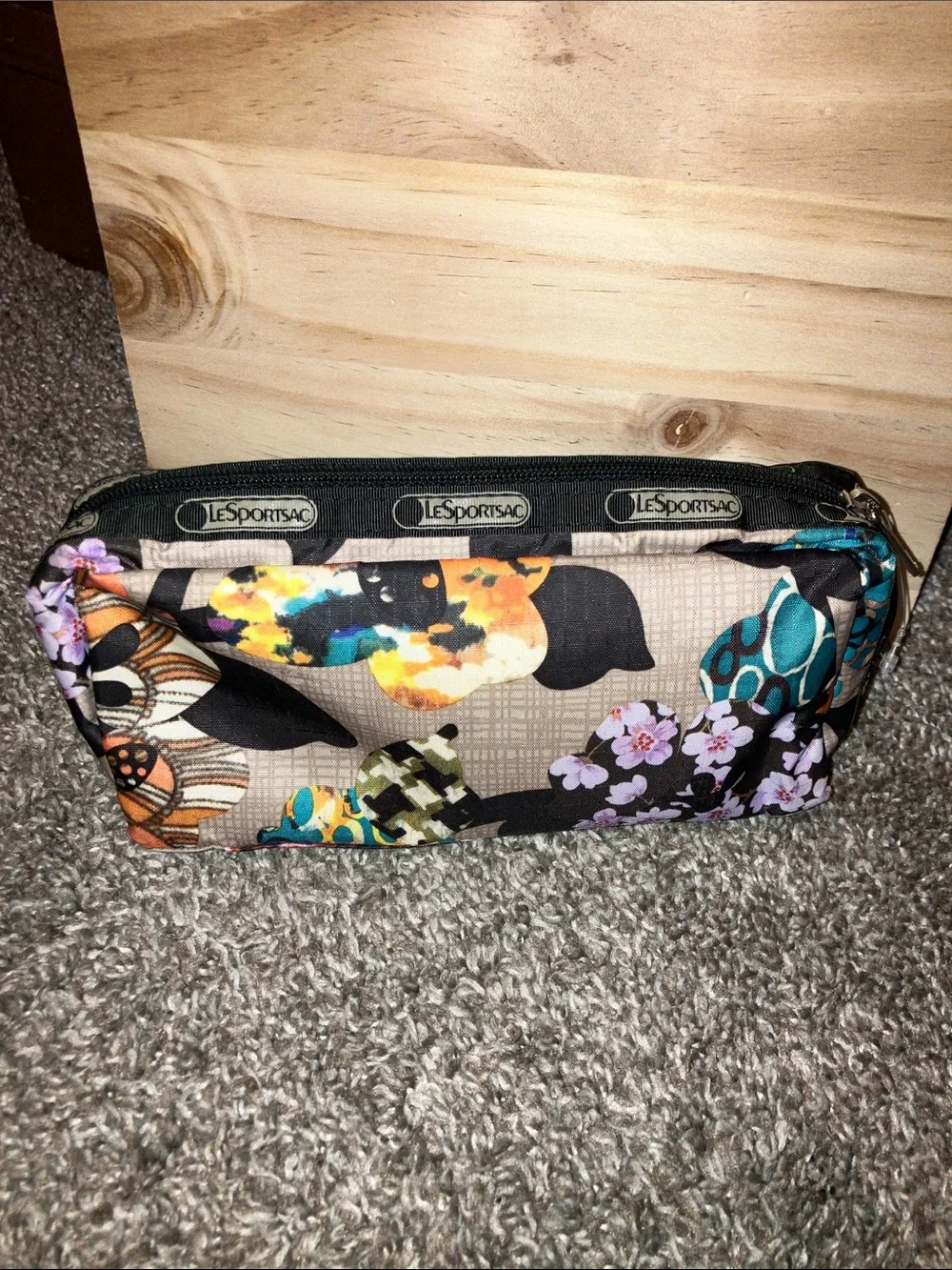 Lesportsac Beige Floral Zip Pouch with Teal & Orange Accents